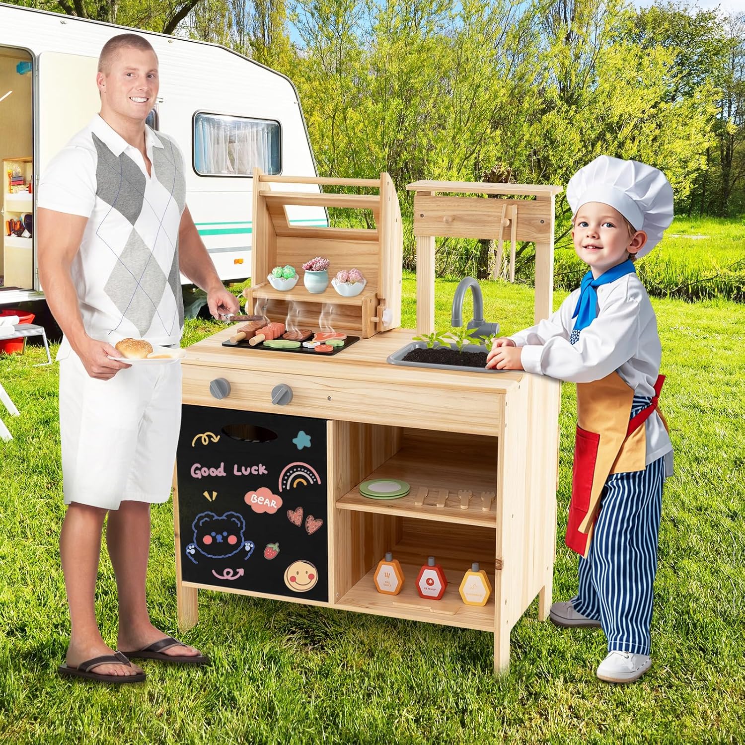 Cucina Giocattolo per Giardino Set di Griglia per Barbecue, Cucina per Bambini in Legno di Abete con Lavagna e Lavello, Set Cucina con 25 Accessori BBQ, 69 x 40 x 90 cm, per Bambini 3+ Anni