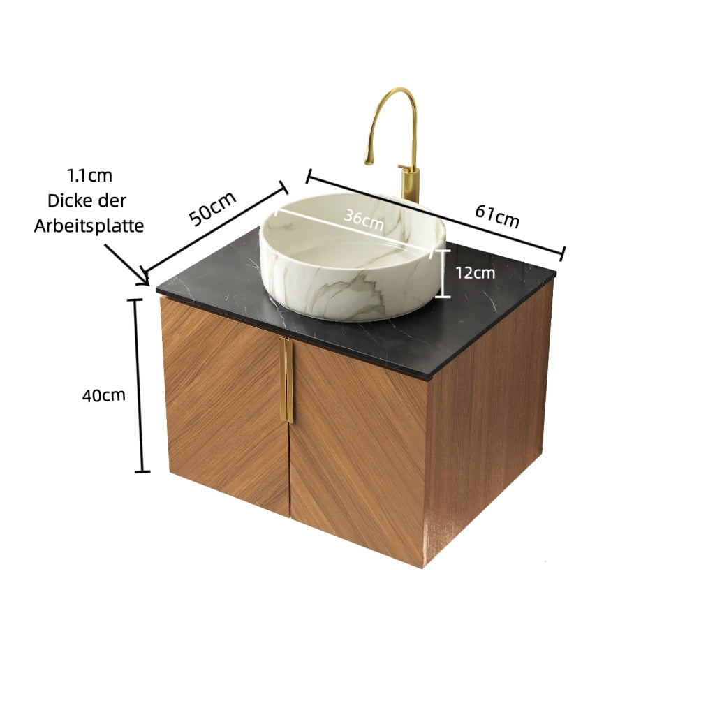 Mobile sottolavabo con 2 ante e lavabo in ceramica, piano in pietra sinterizzata, effetto rovere, per bagno, 61 cm