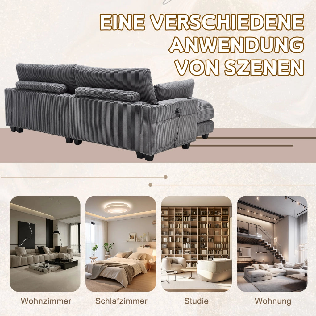 DIVANO 2 posti modulare 224x140x81 cm in corduroy grigio, divisibile in 2 poltrone