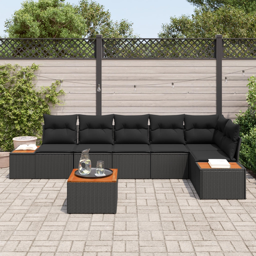 Set di Divano da Giardino 7 Pezzi con Cuscini Neri in Polyrattan e Acacia