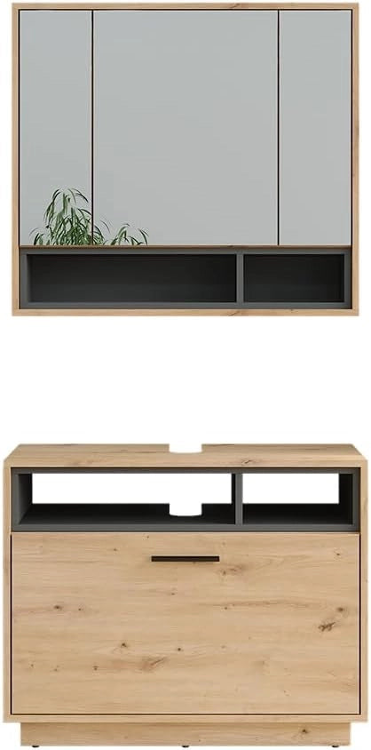 Set di mobili da bagno Beatrice, Antracite/Sonoma, 80 cm, composto da specchio da bagno e mobile sottolavabo