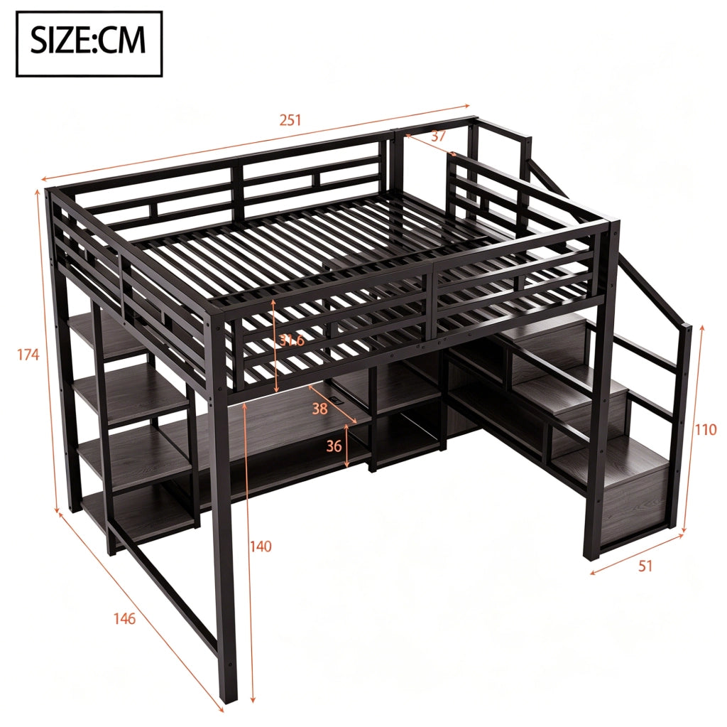 Letto a soppalco 140x200 cm con supporto TV e presa, nero