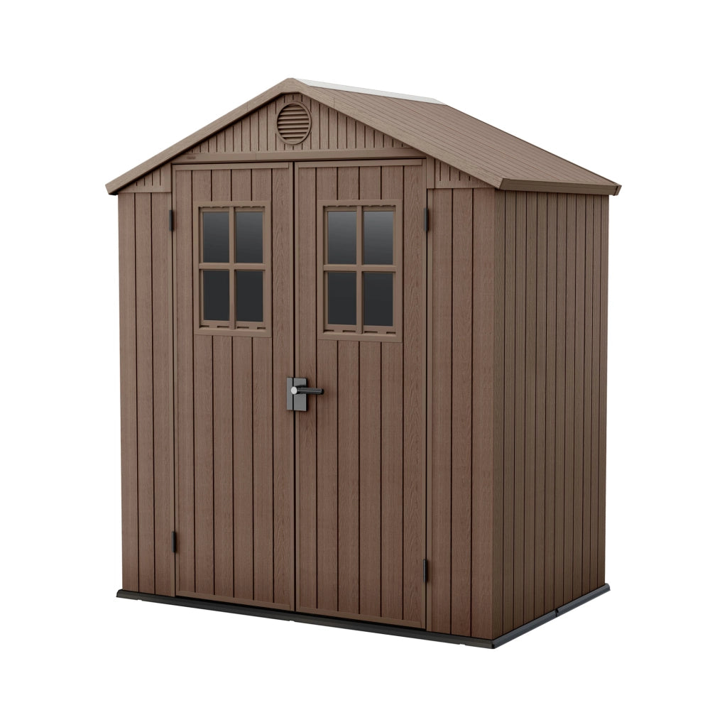 Darwin 6x4 - Casetta da Giardino 190x221x122 cm 2 Ante a per deposito attrezzi finitura effetto legno Evotech+ in Resina Marrone