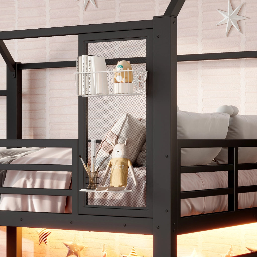 Letto a soppalco per bambini 140x200 cm con scivolo, scala e LED Bluetooth nero HAVRYA