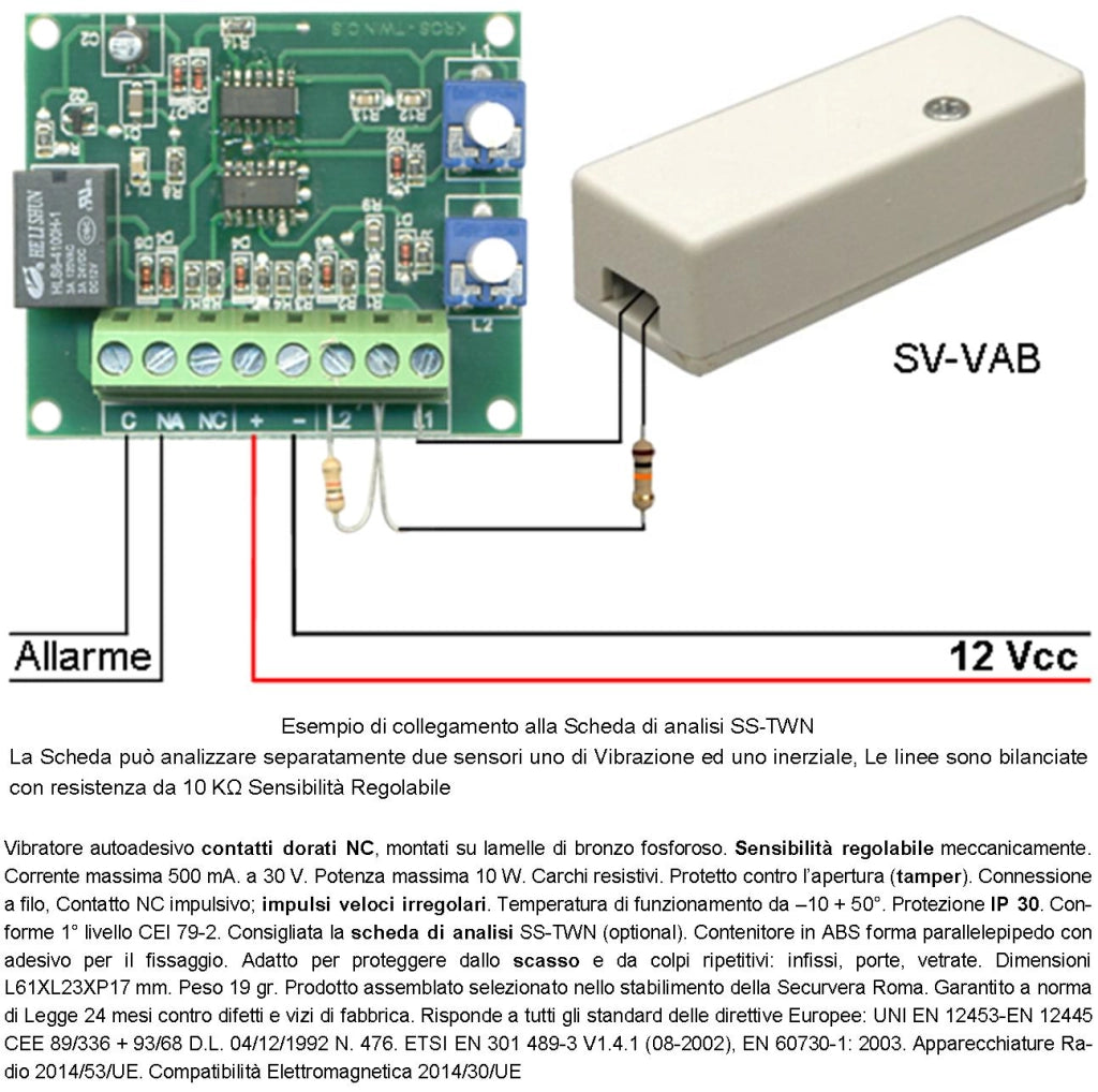 Sensore Adesivo Rileva le Vibrazioni Continue lo Scasso Collegamento a Filo Antifurto Porte Vetrate Regolazione Meccanica del Martelletto Contatto Allarme NC Tamper Contenitore Adesivo ABS Bianco IP30