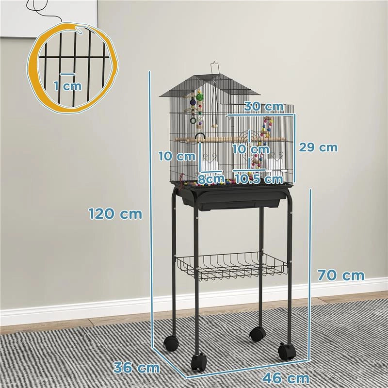 GABBIA PER UCCELLI CON PIEDISTALLO RUOTE GIREVOLI RIPIANO E ACCESSORI 46X36X120 CM NERO