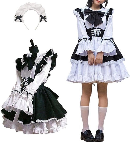 Costume Lolita cameriera francese - abito lungo con gonna nera e bianca - costume cosplay unisex - costume Halloween
