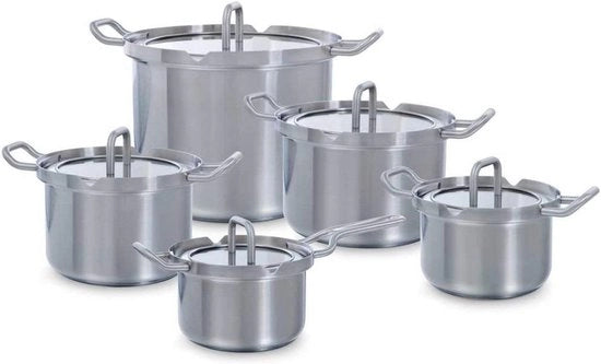 Set di Pentole Induttive a 5 pezzi con Coperture a Sifone in Vetro - Senza PFAS, Maniglia di Raffreddamento, Sicura fino a 220°C in Forno e Griglia, Resistenti alla Lavastoviglie