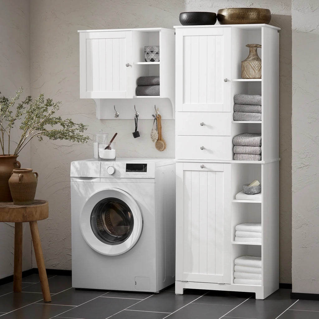 Mobile Alto Con Portabiancheria Apribile Armadietto Da Pavimento Mobile Bagno Bianco 60x37x171cm BZR104-W
