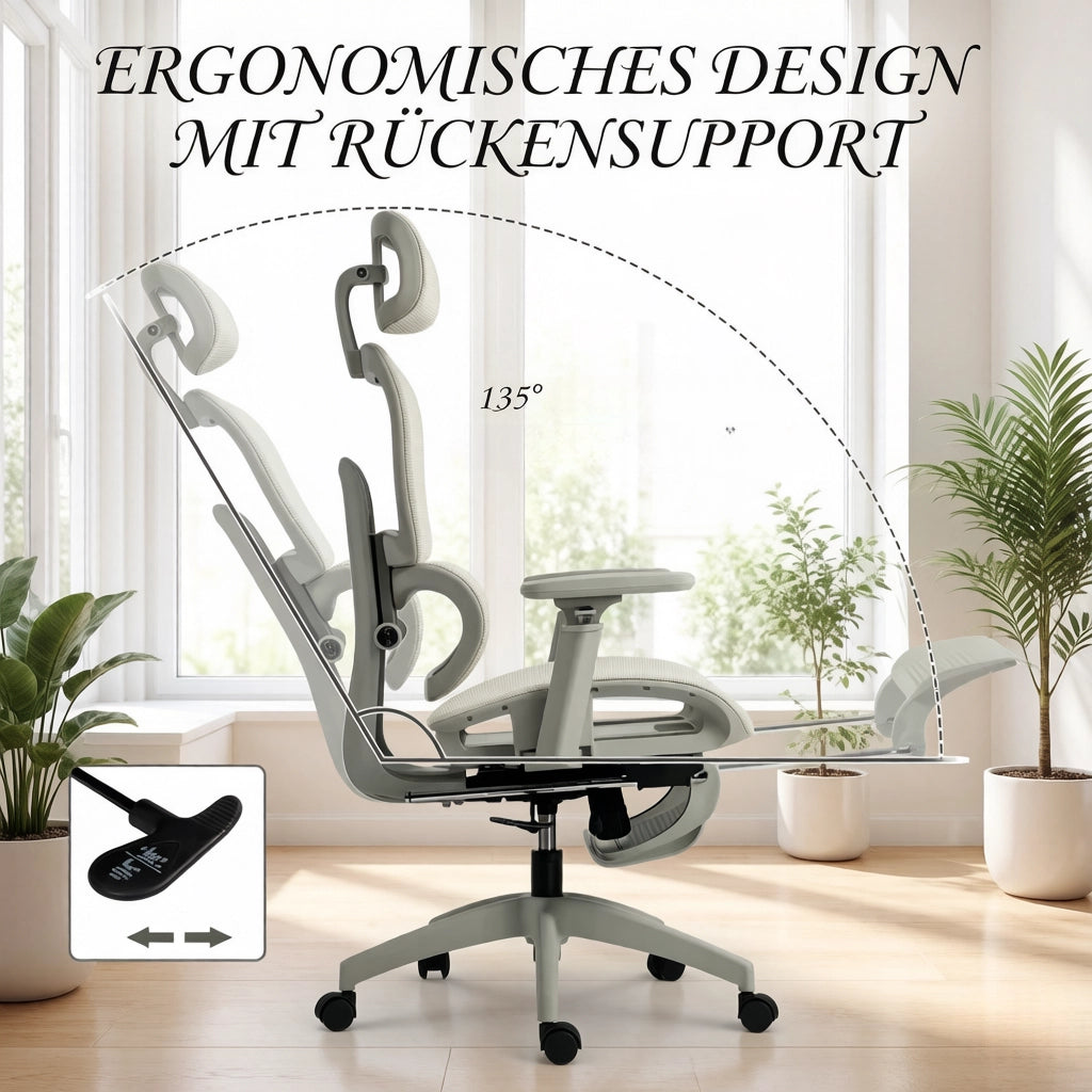 Sedia da ufficio ergonomica in mesh con poggiatesta regolabile, supporto lombare e poggiapiedi beige