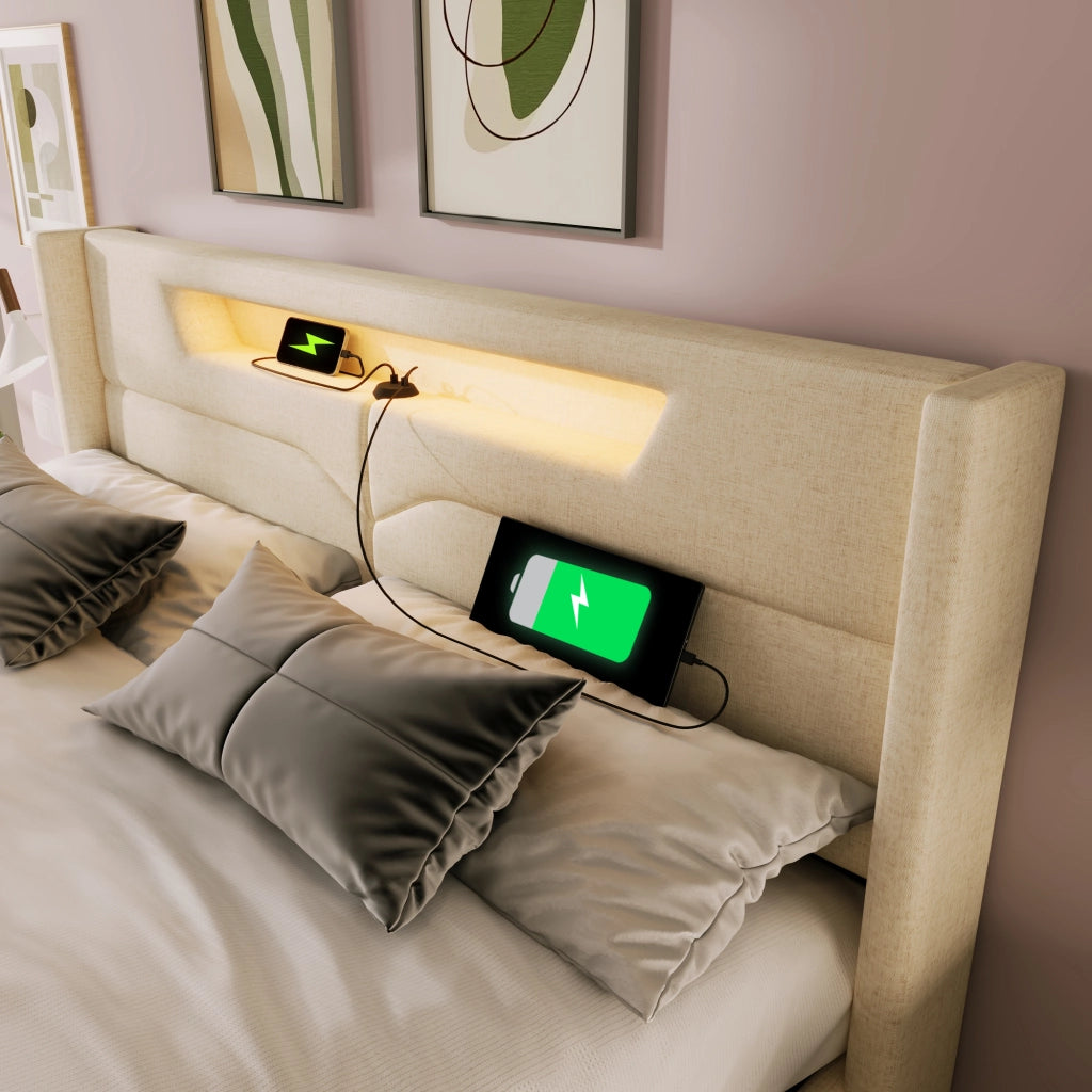 Letto matrimoniale imbottito 140x200 cm con LED, USB Type-C, contenitore e materasso incluso