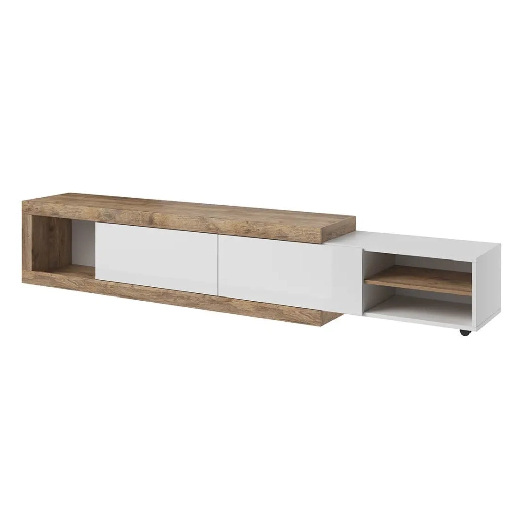 Mobile TV estensibile SINATRA – Rovere e bianco lucido – 2 porte + nicchie – L200 a 240 x H43,4 x P40 cm
