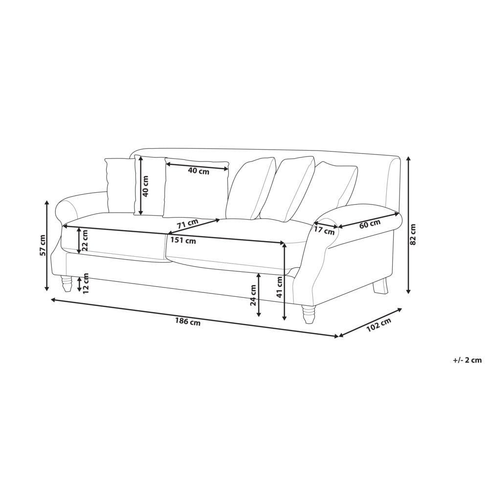 Divano con 6 cuscini Rivestimento in tessuto bianco sporco Gambe in legno chiaro 2 posti