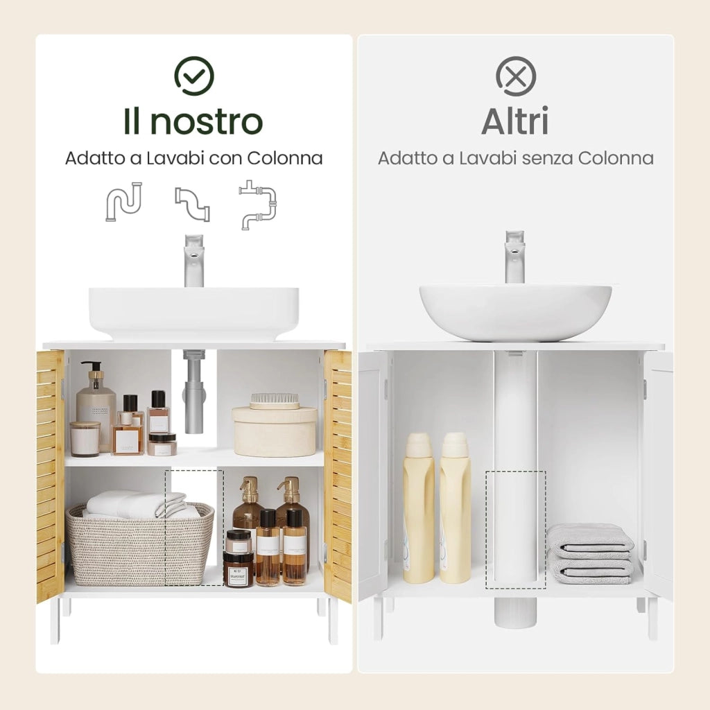 Mobile Sottolavello per Bagno, Mobiletto per Lavabo, Armadio a Pavimento con Ante e Ripiano Regolabile, Colore Bambù Naturale+Bianco, 60x30x60cm