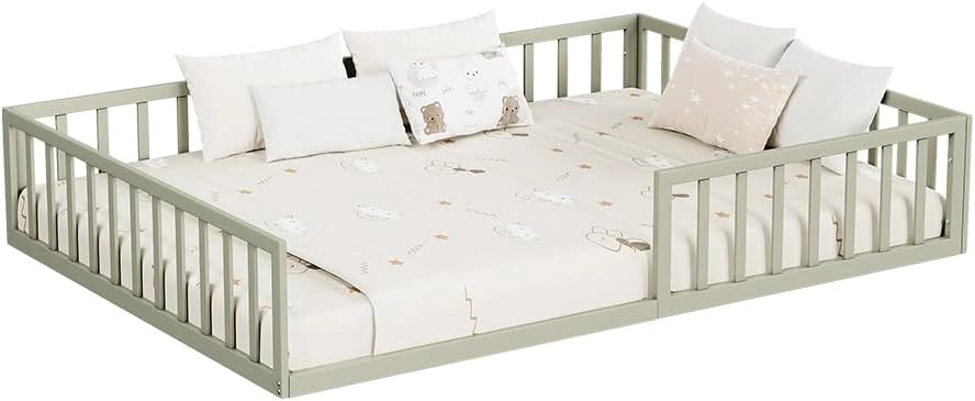 Letto a pavimento Minno 140x200 cm, letto bambini Montessori in metallo con protezione anticaduta e materasso, greige