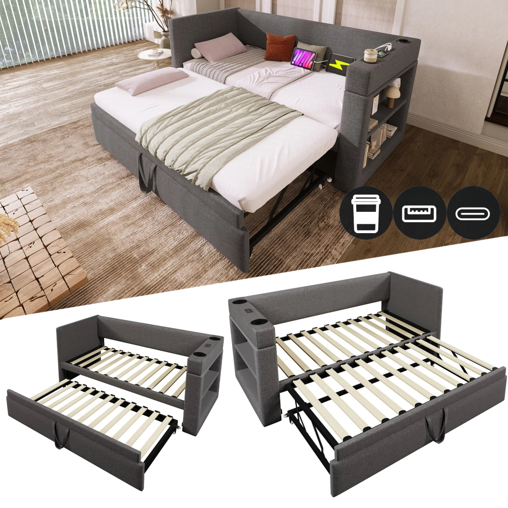 Daybett con letto estraibile cotone lino grigio 90x190 cm