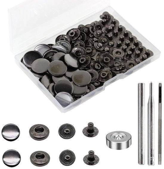 24 set di viti a pressione, viti a pressione in ottone Φ17mm viti a pressione metalliche con set di attrezzi di fissaggio per pantaloni di pelle giacche portafoglio borse, nero