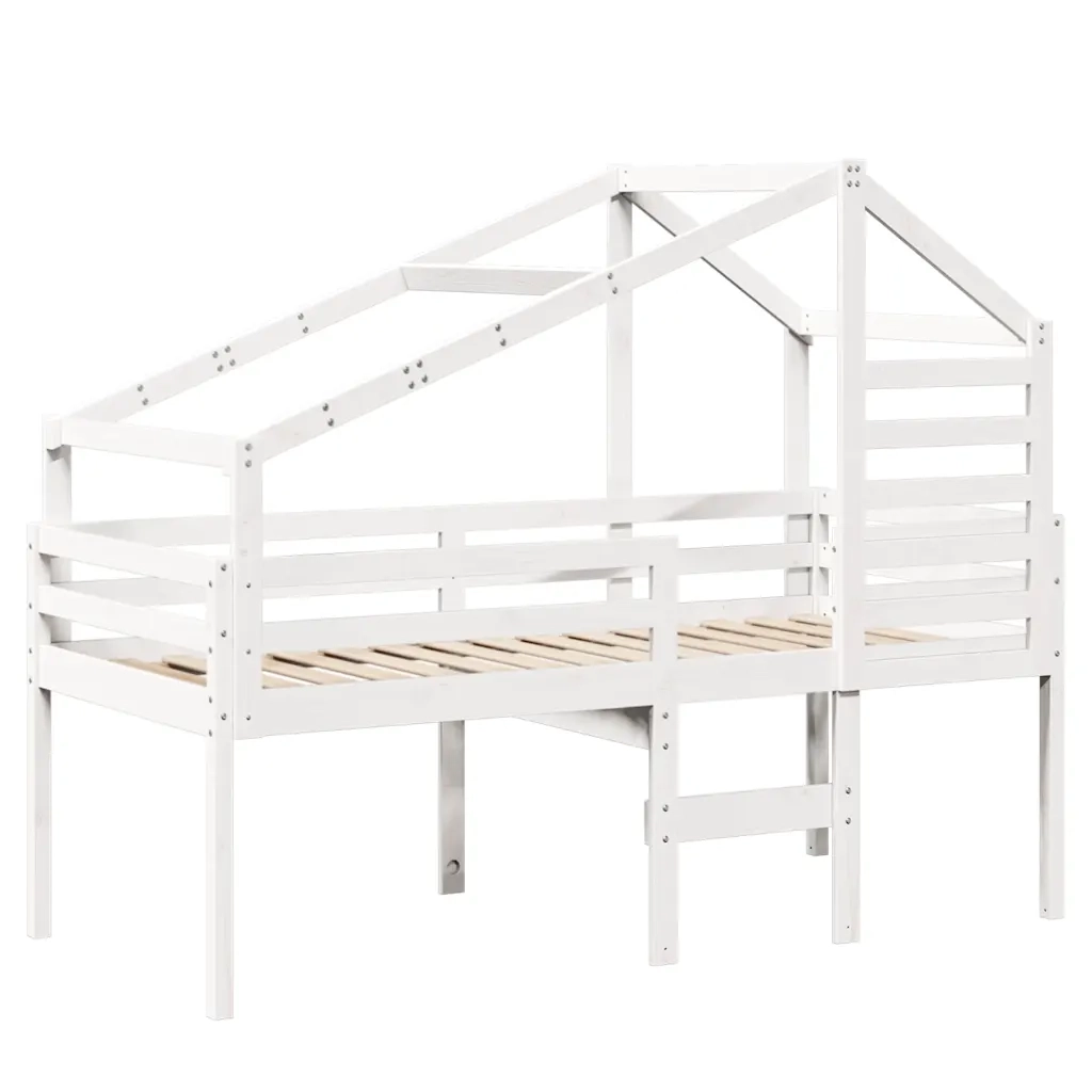 Letto singolo | Letto per adulti | Letto a Soppalco con Tetto Bianco 80x200 cm in Legno di Pino