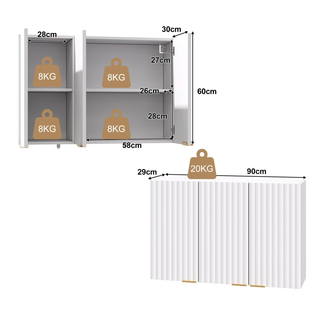 Pensile da parete bianco a 3 ante in MDF, 90×29×60 cm