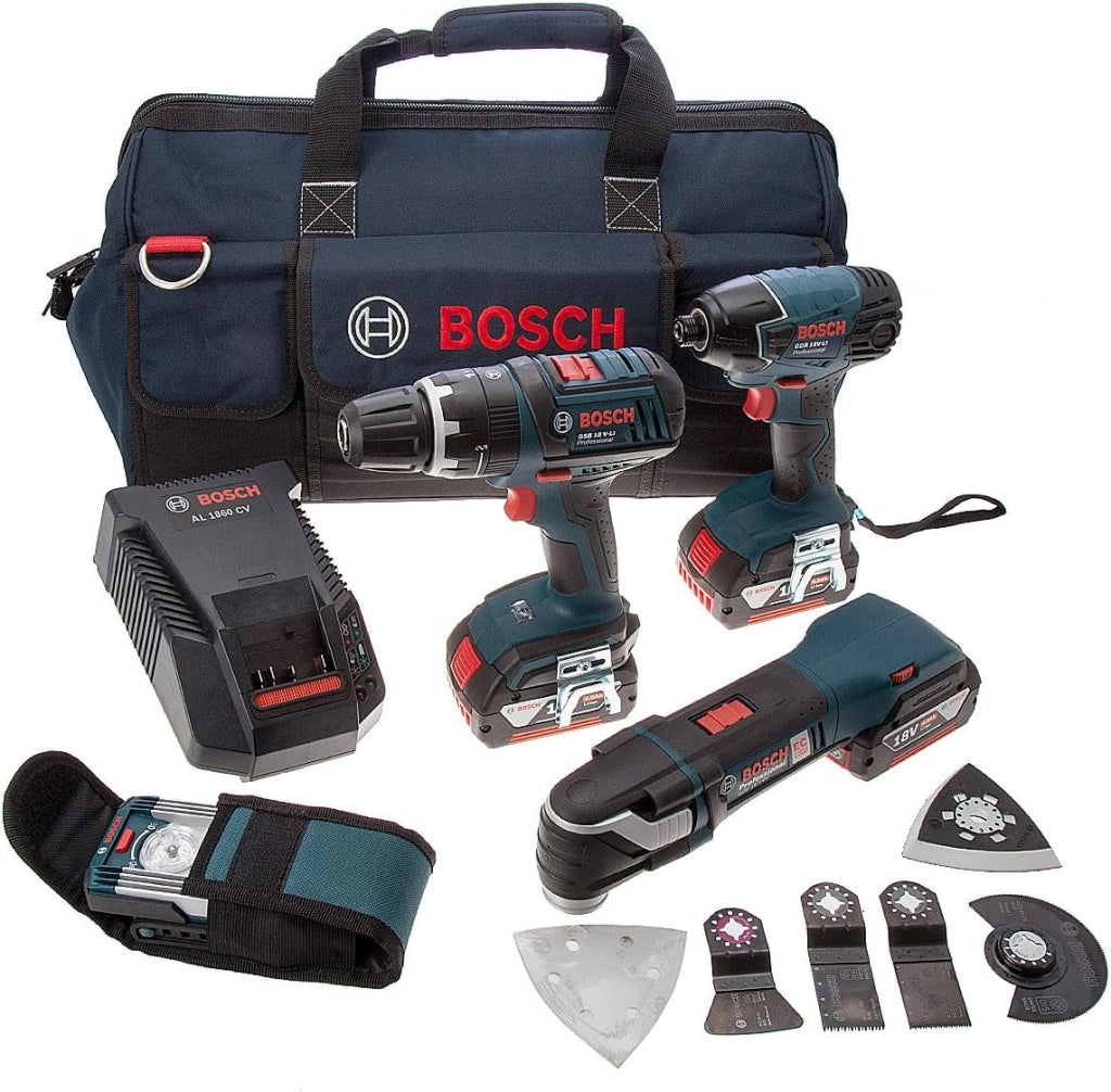 Bosch Professional Dynamics Series - Confezione di trapano + cacciavite a impatto + strumento multifunzione + lampada 3 x 18 V 4 Ah