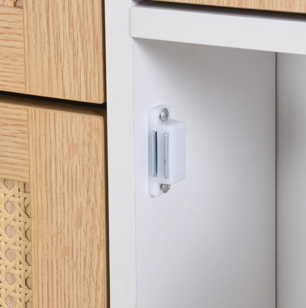 Mobile portascarpe in stile rattan con 3 ante a ribalta e 1 cassetto; 90x125x17 cm; MDF naturale e bianco