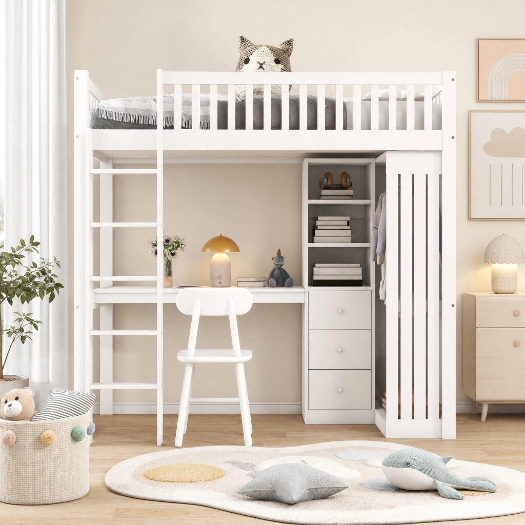 LETTO a soppalco 90x200 cm con scrivania, armadio, 3 cassetti, bianco