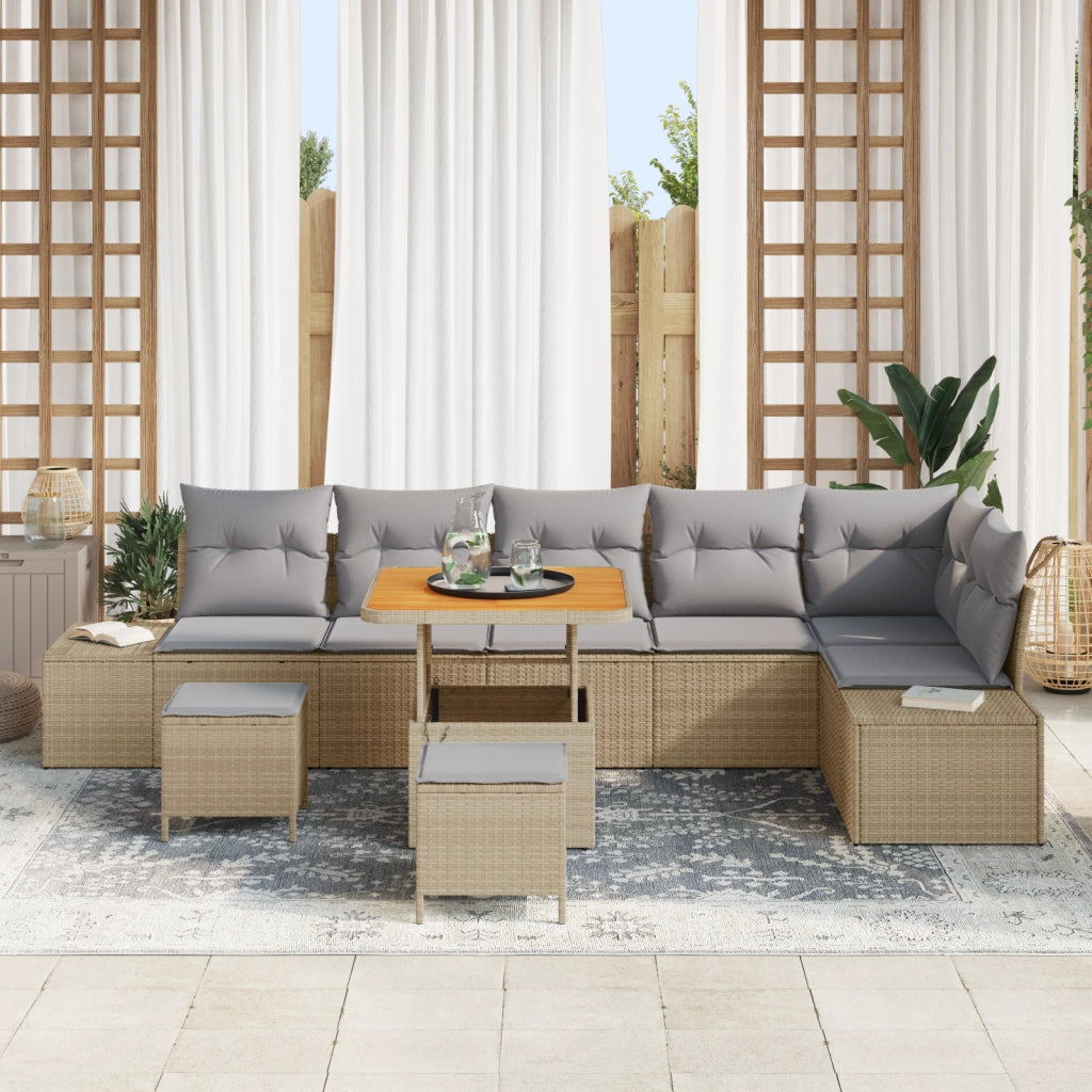 Set Divano da Giardino  9 Pezzi con Cuscini Beige Polyrattan Acacia