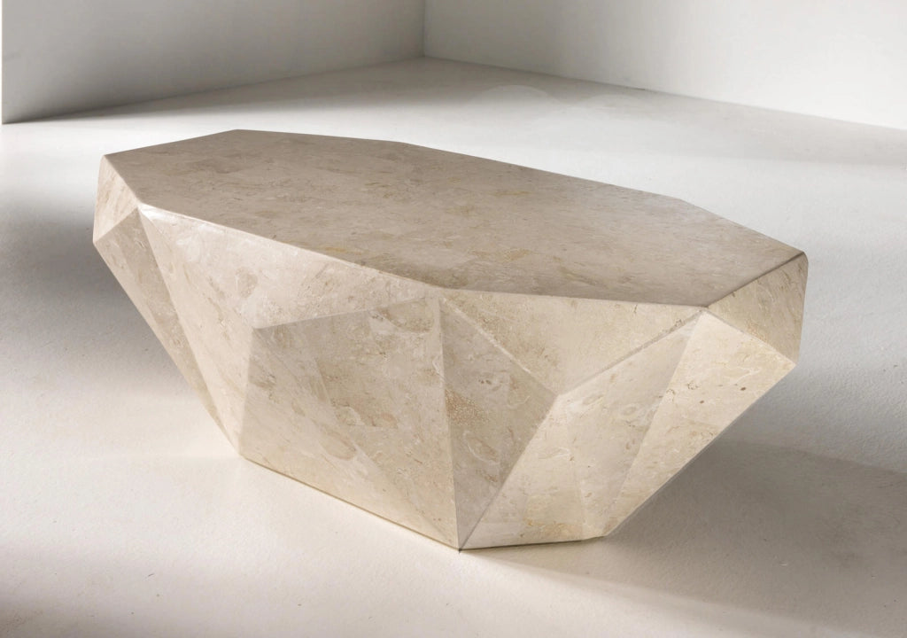 Diamond Medium Tavolino rettangolare in pietra fossile White Agata con struttura in compensato marino - Design contemporaneo 120cm