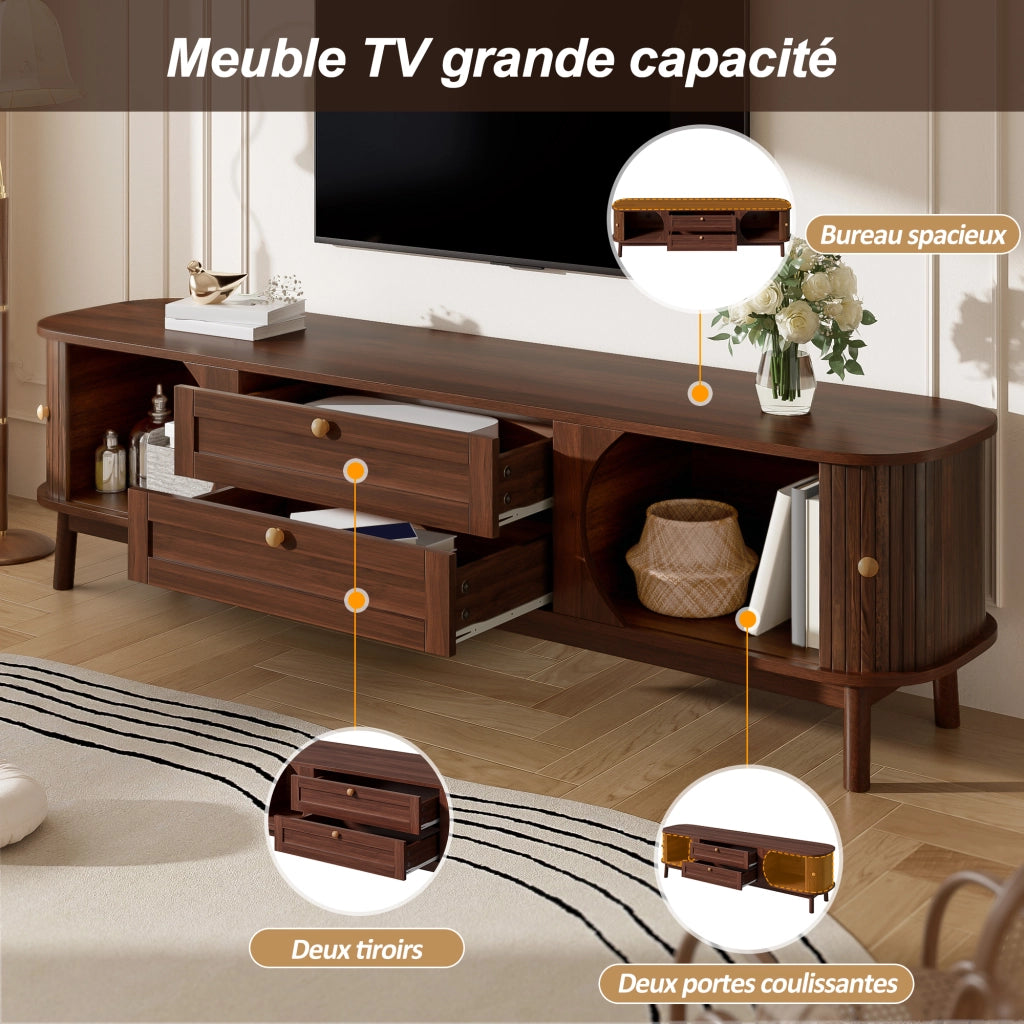 OKWISH Mobile TV con Ante Scorrevoli e Cassetti, Gambe in Legno, per Soggiorno, MDF, Noce, 170 x 39,5 x 46 cm