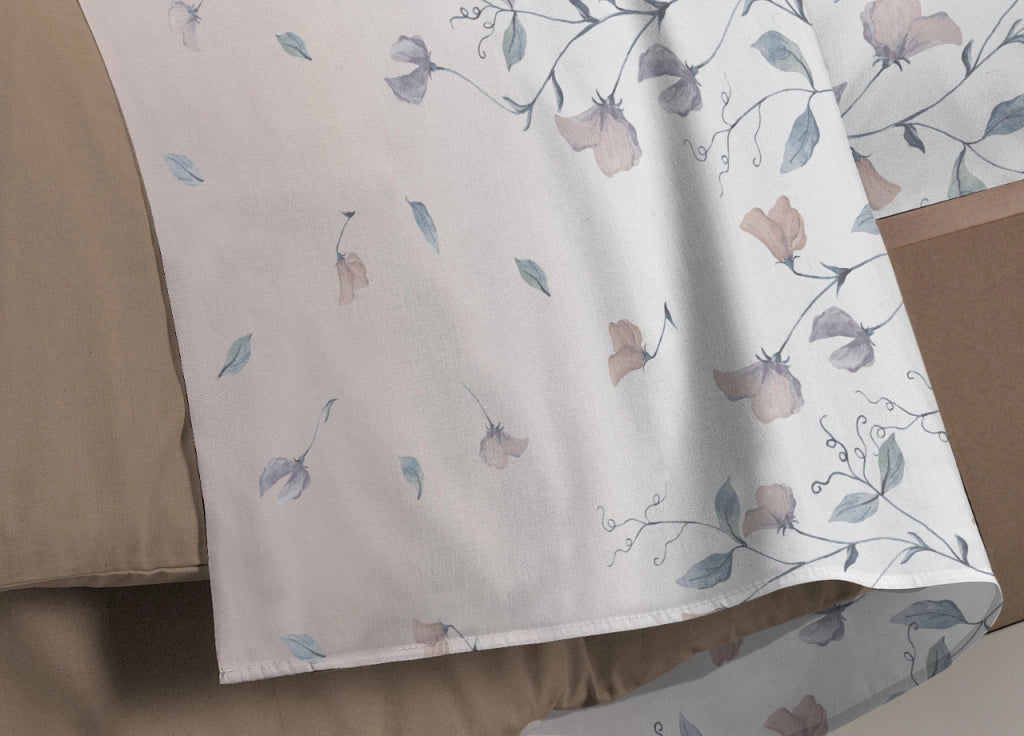 Completo Lenzuola In Morbida Flanella Linea SuperEuropa Disegno Pea Flower - Matrimoniale - Beige
