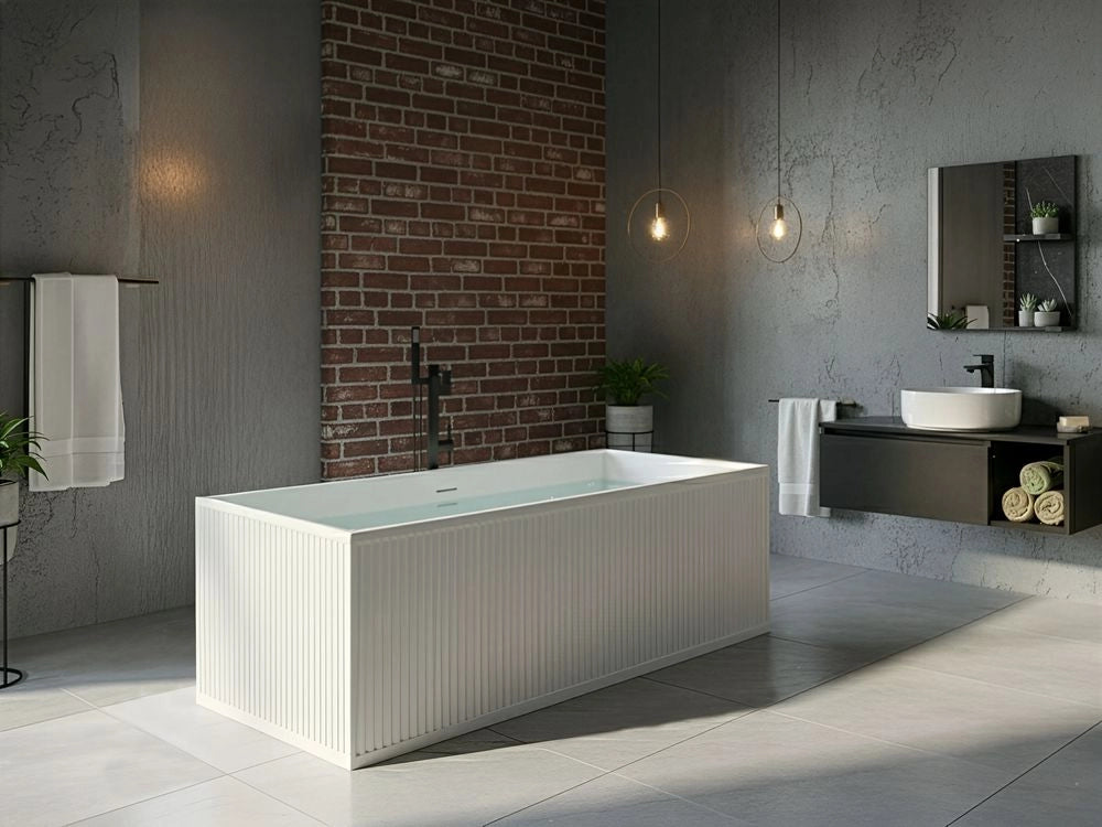 Vasca da bagno rettangolare moderna indipendente 170 x 80 cm Acrilico Finitura scanalata Bagno Bianco opaco