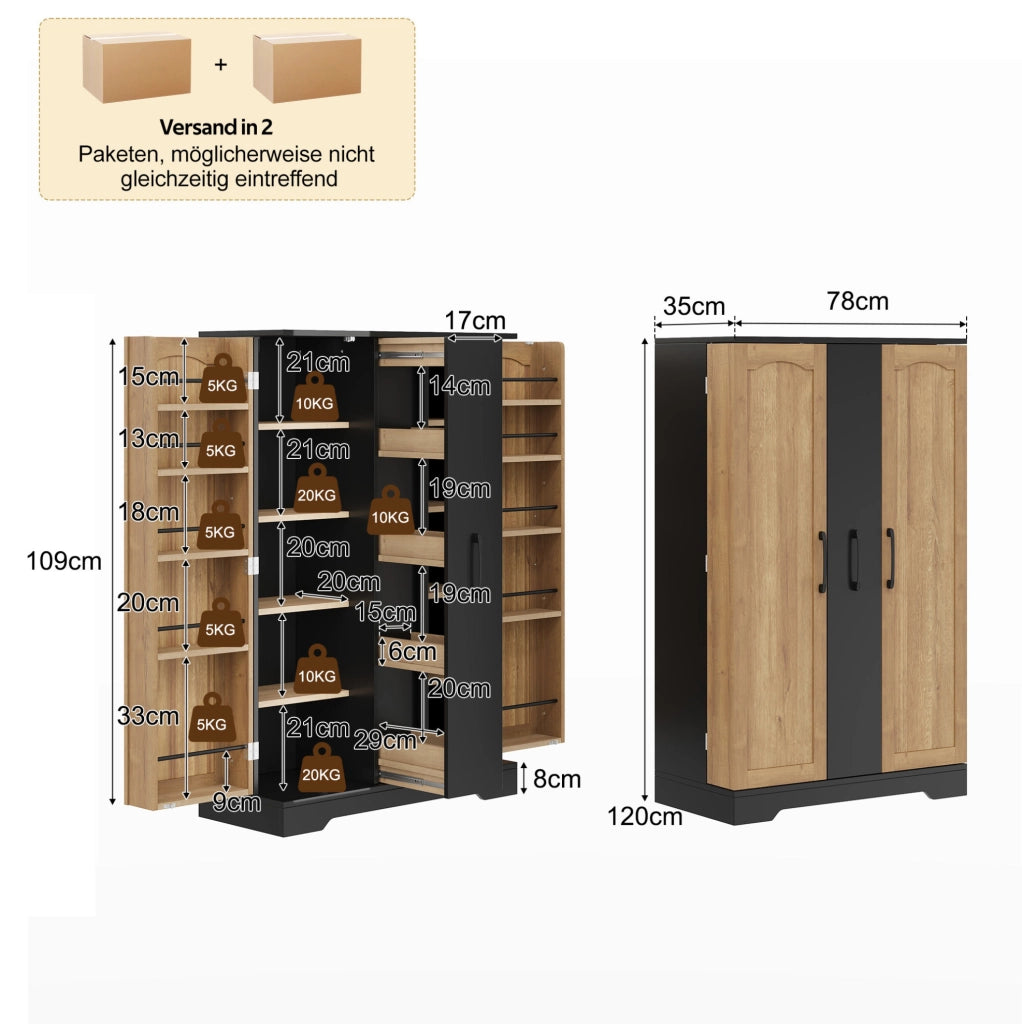 Credenza da cucina con portaspezie e cassetto estraibile a 4 livelli; MDF nero; 120 x 78 x 35 cm