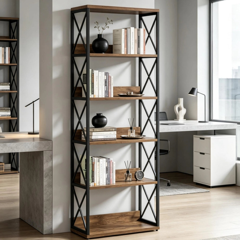 LIBRERIA Industriale 5 Ripiani 178 cm Metallo e Legno Nero/Marrone