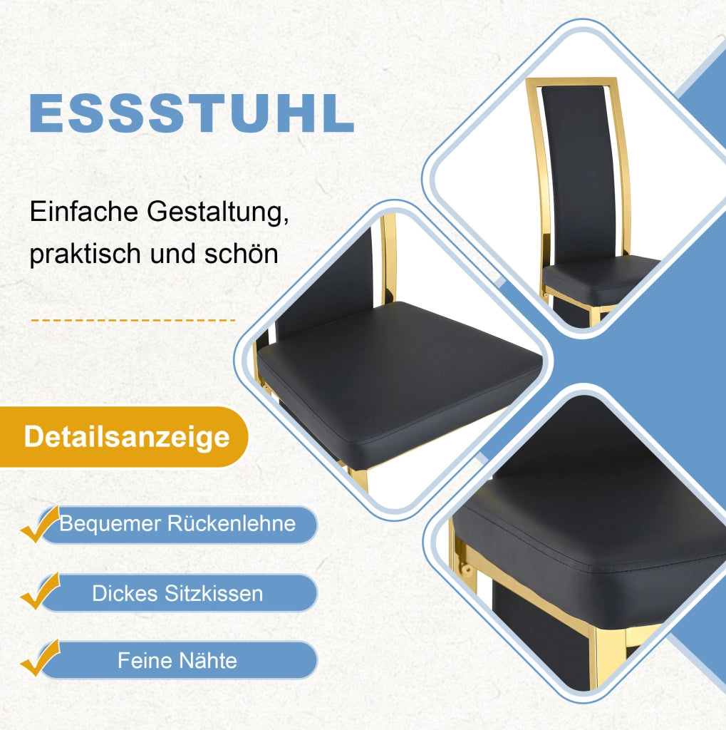 Set di 4 sedie da pranzo moderne con bordo dorato; 109 cm; in PU nero e metallo dorato