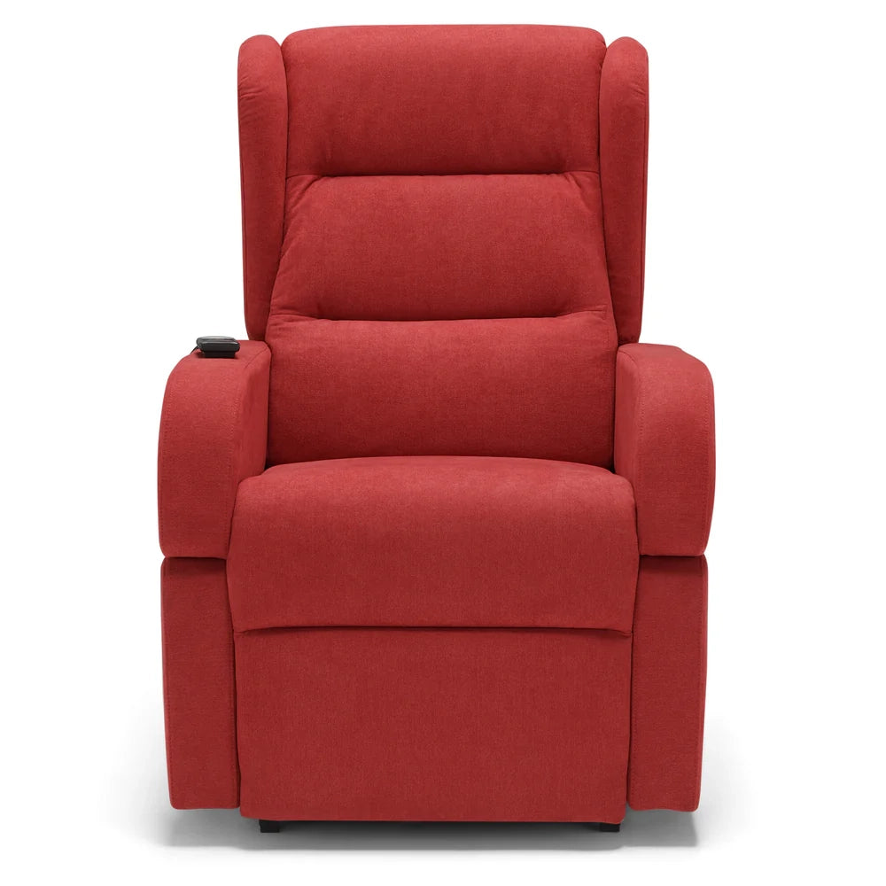 Poltrona relax elettrica Bilbao per anziani, 2 motori, 4 ruote, reclinazione e alzapersona, Tavolino di Servizio, braccioli estrabili, doppia pediera, colore Rosso