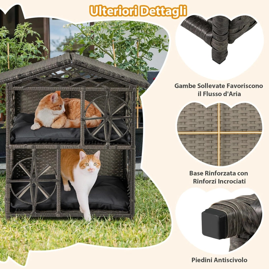 Casa per Gatti in Vimini a 2 Piani, Recinto per Gattini in Rattan con Cuscini Rimovibili, Tetto, Finestre e Porte, Rifugio Elevato da Interno ed Esterno per Conigli e Gattini