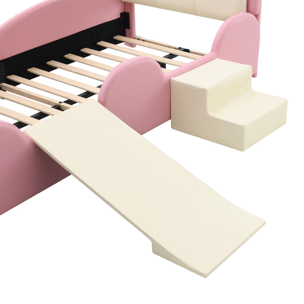 LETTO imbottito per bambini 90x200 cm PU rosa e beige con LED, scivolo e scala