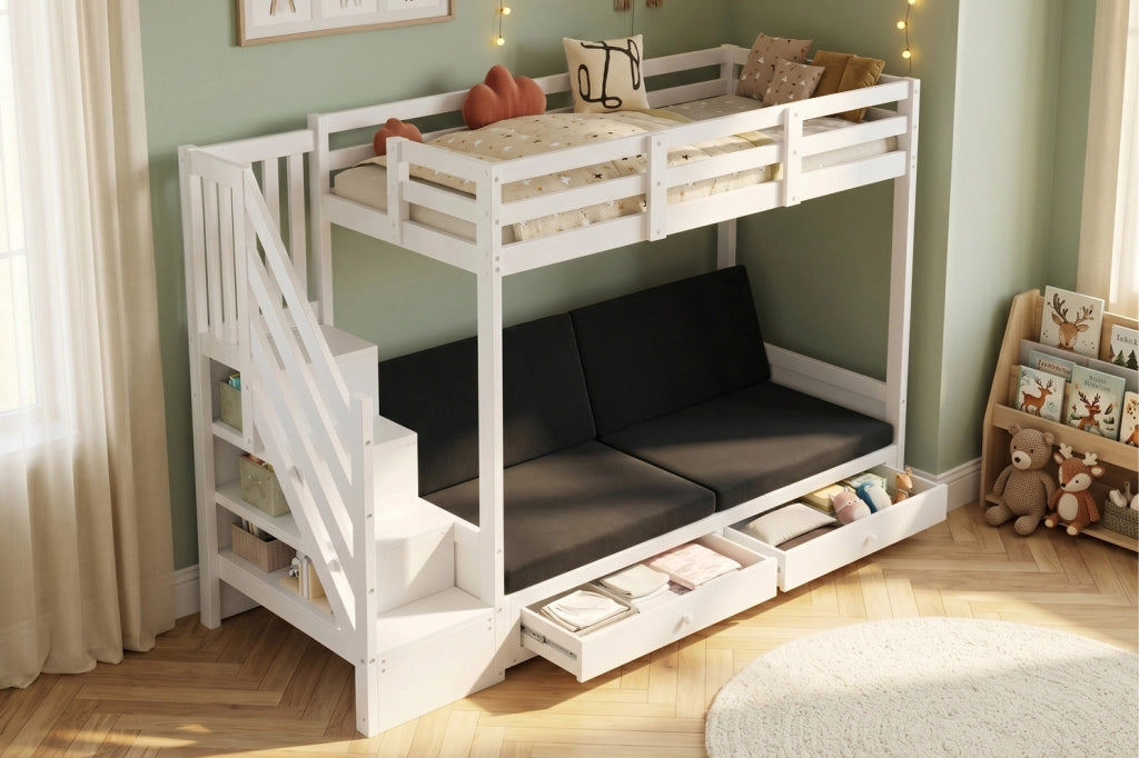 Letto a castello ULEVR 90x200 cm con divano regolabile, scala contenitore e 2 cassetti, bianco