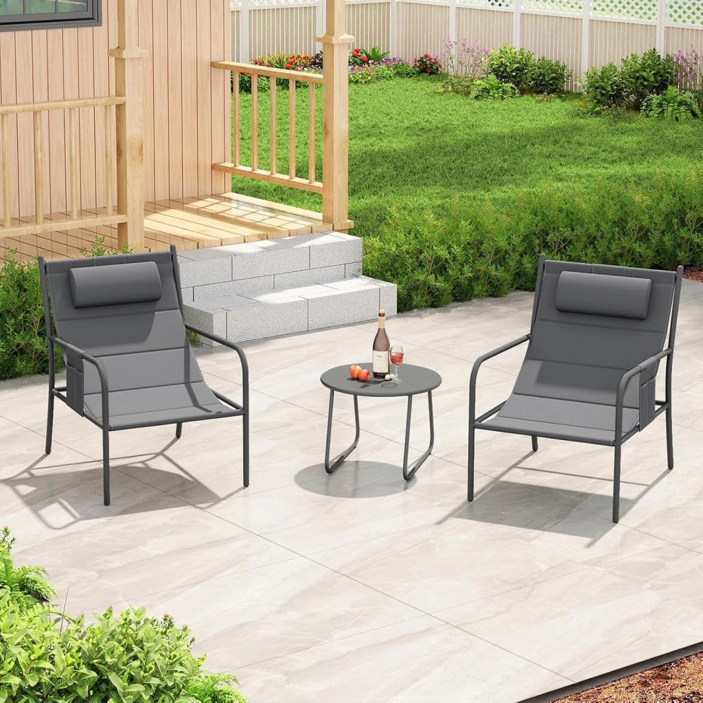 Set da Bistrot da Giardino 3 Pezzi, Set di Sedie da Esterno con Seduta e Poggiatesta Imbottiti, Tavolino da Caffè Rotondo con Piano in Metallo, Tasche Portaoggetti Laterali