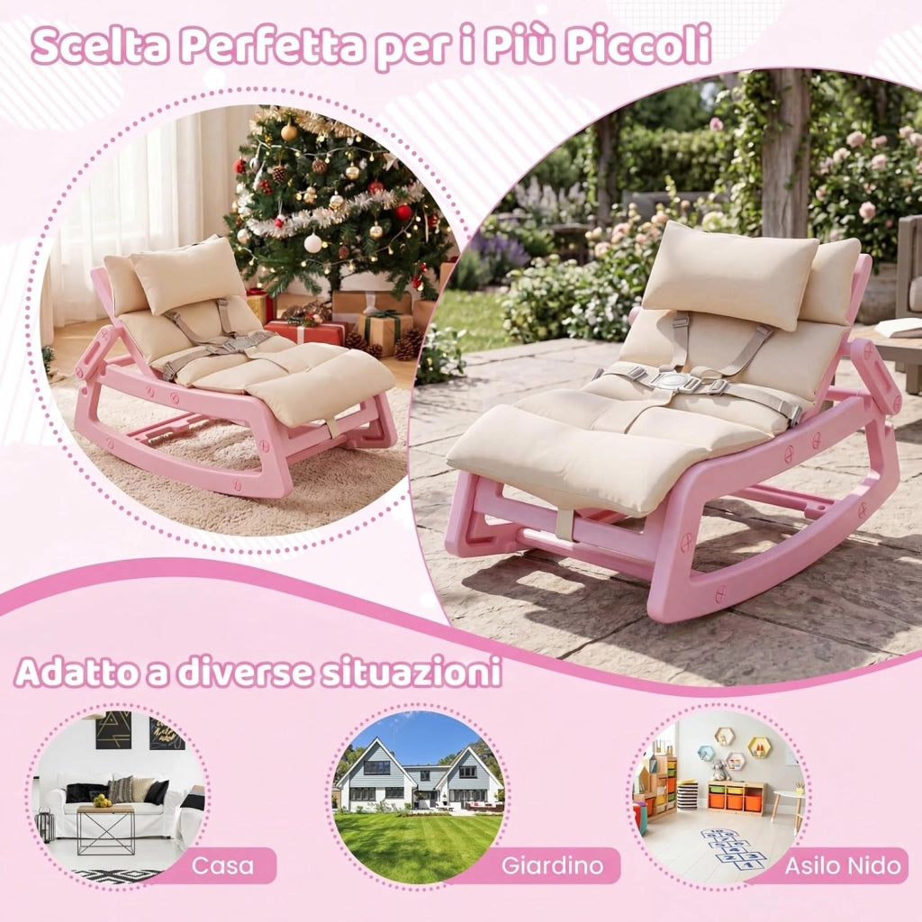 Sedia a Dondolo Bambini, Schienale Regolabile, con Cucino (Rosa) | Sdraietta a Dondolo, Poggiatesta Rimovibile e Cintura 5 Punti, Portata 80 kg, per Bambini 6+ Mesi
