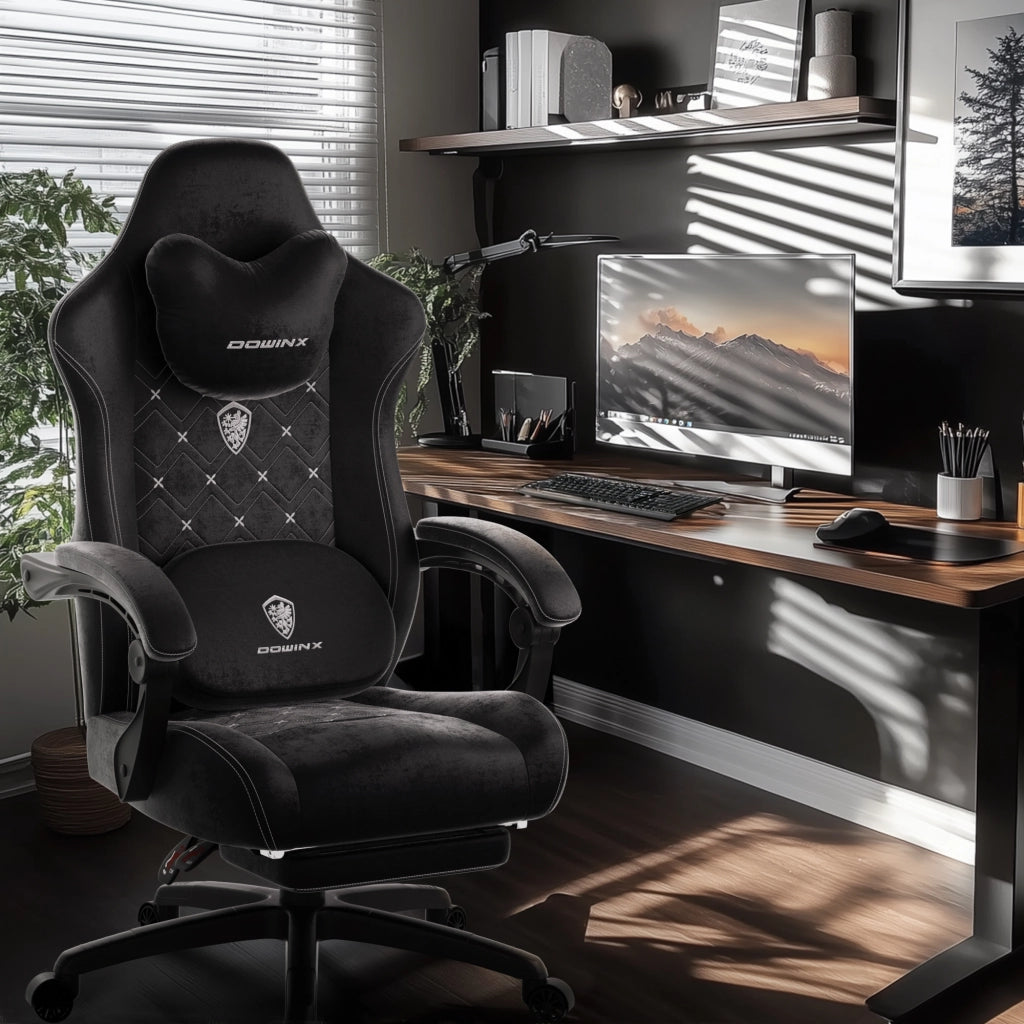 Sedia da Gaming | Funzioni di riscaldamento e massaggio, supporto lombare, poggiapiedi, materiale in tessuto, neroc
