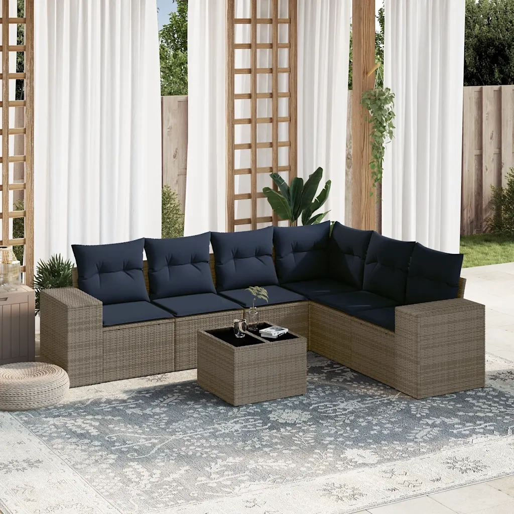 Set Divani da Giardino 7 pz con Cuscini Grigio in Polyrattan 3222620