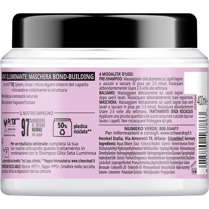 SCHWARZKOPF GLISS 4-IN-1 ILLUMINANTE MASCHERA PER CAPELLI 400 ML SETA LUMINOSA HAPTIQ SYSTEM X CAPELLI FRAGILI E SPENTI