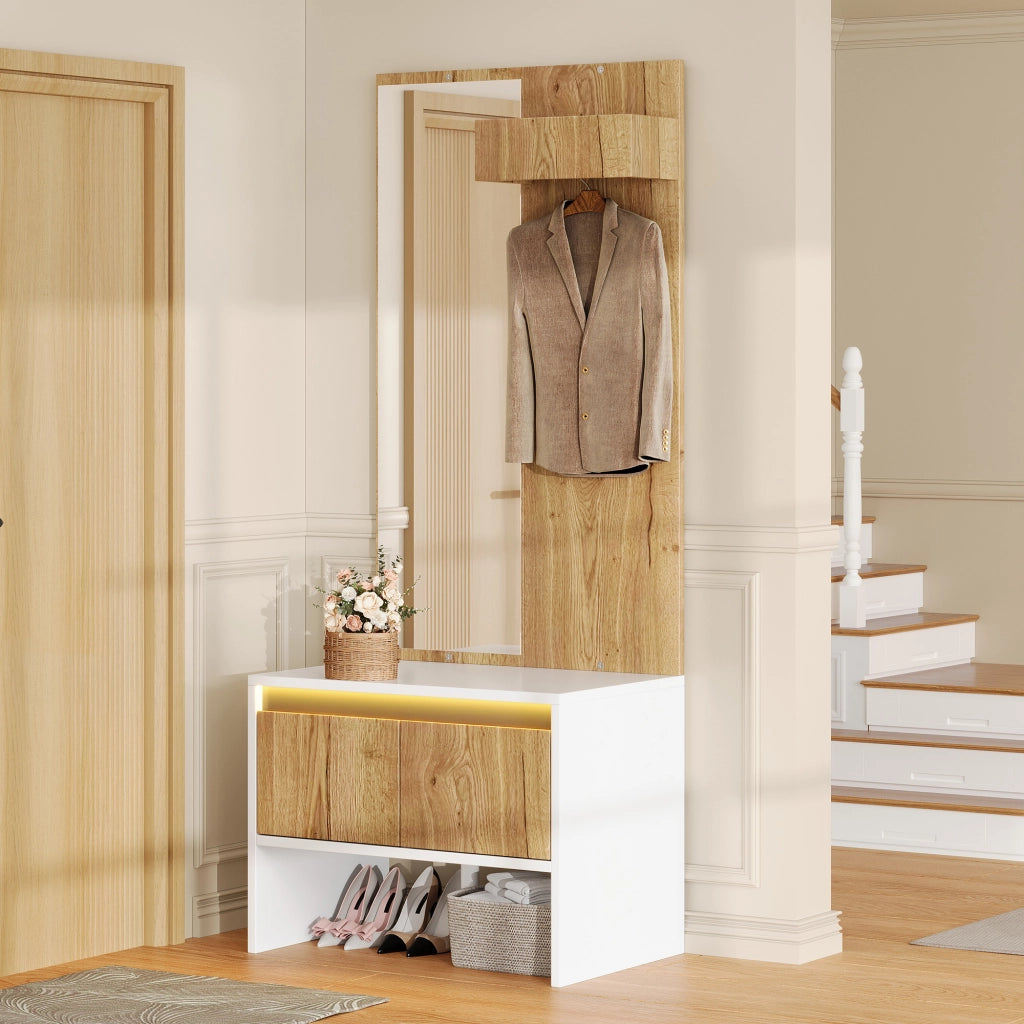 Mobile ingresso con specchio; 2 cassetti e ganci - per ingresso - 60x38x145 cm - bianco e naturale