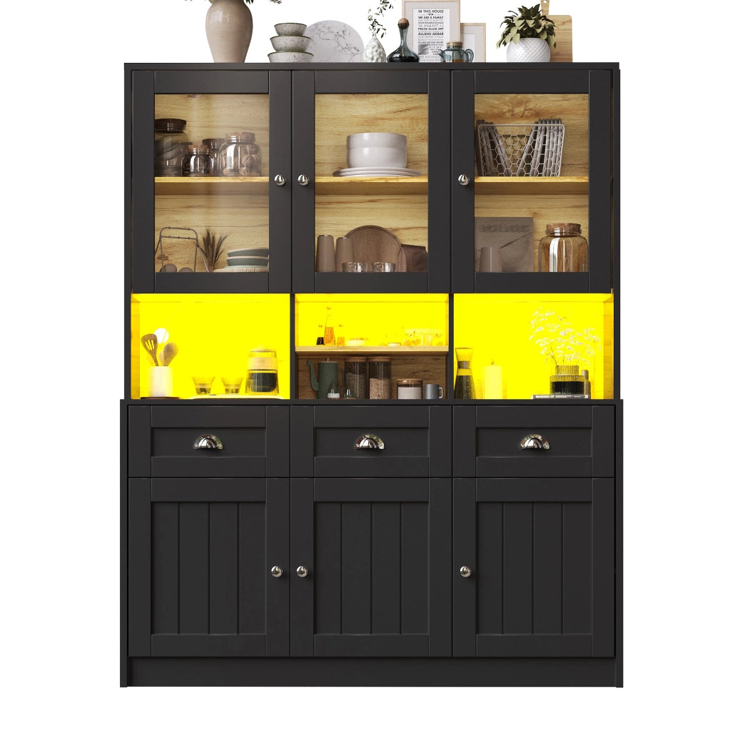Credenza da cucina 140x40x175 cm in MDF nero con LED e ripiani regolabili
