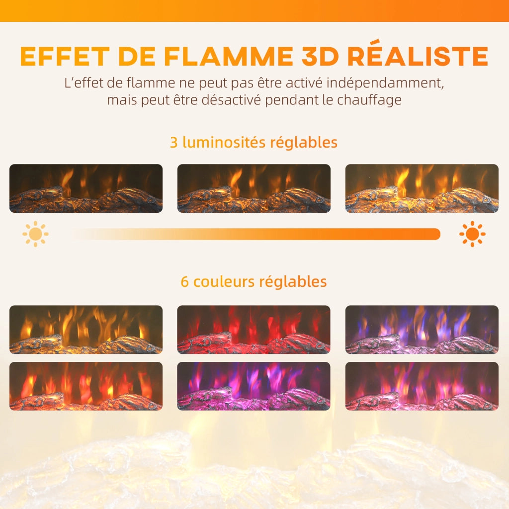 Caminetto Elettrico 1000W 2000W ¨C zephmum ¨C Effetto Fiamma 3D 6 Colori 3 Luminosit¨¤ 68.5x27.5x63cm Marrone