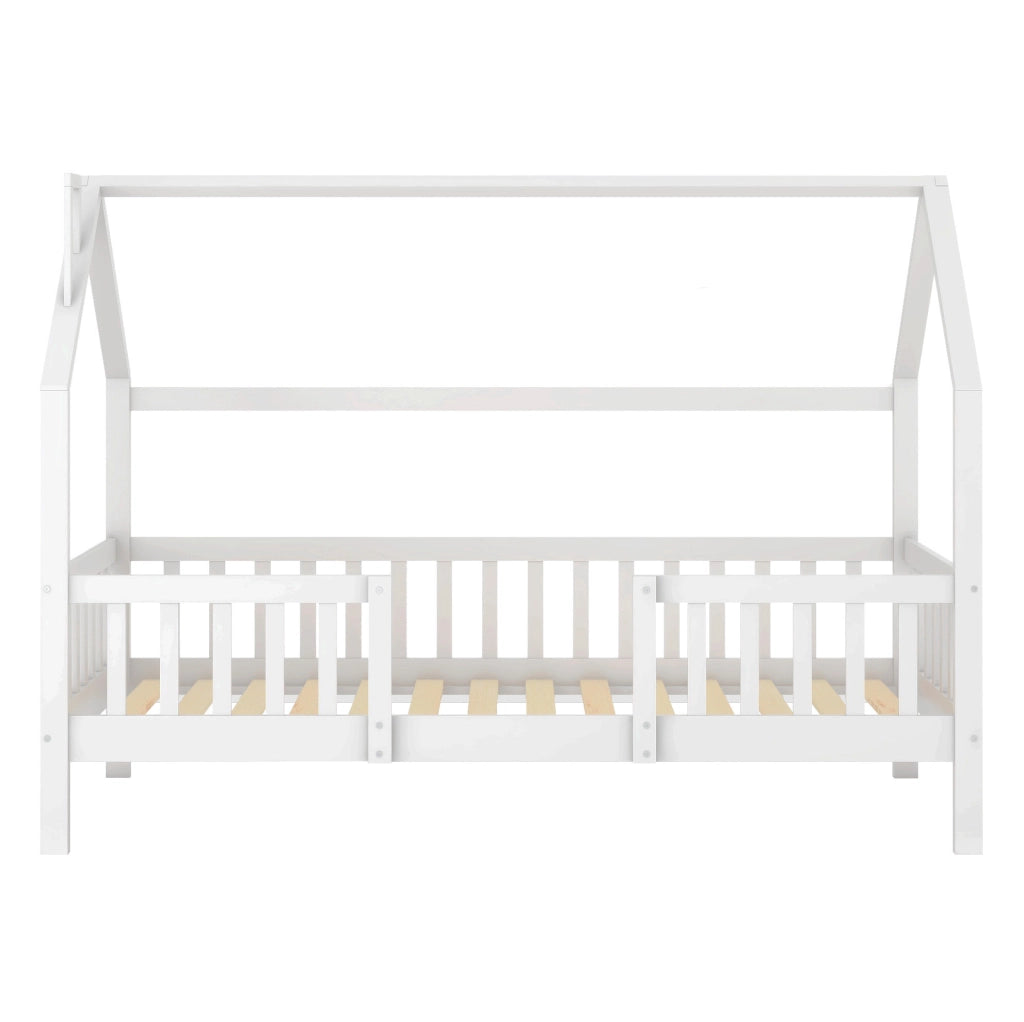 Letto casetta 90x200 cm con tetto e recinto; legno; bianco (Senza materasso)
