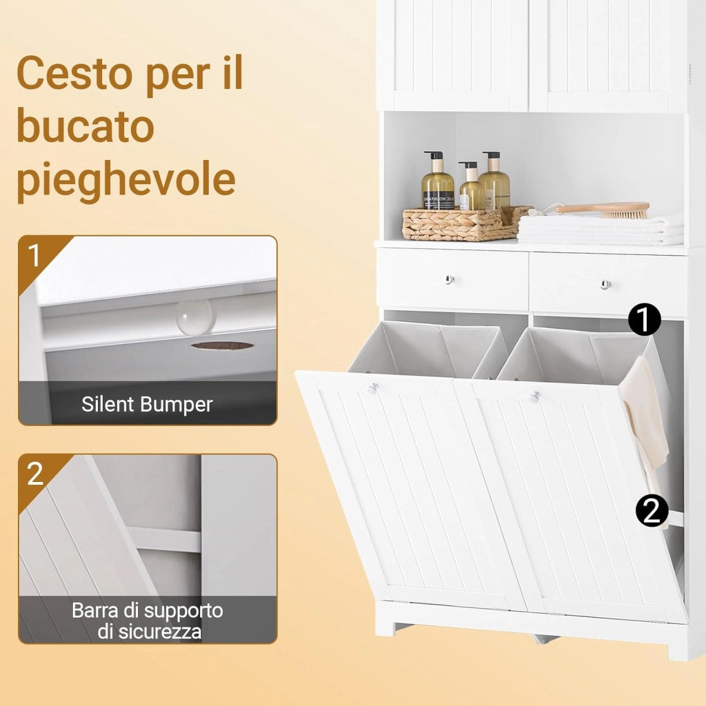Mobile Bagno Salvaspazio con 2 Cesti Portabiancheria e 2 Cassetti Colonna Bagno Stretta 78x38x181cm Armadietto con Ripiano Aperto e Vano per Famiglie e Piccoli Spazi BZR215-W