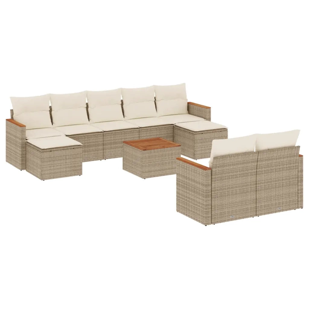 Set Divano da Giardino 10 pz con Cuscini Beige in Polyrattan