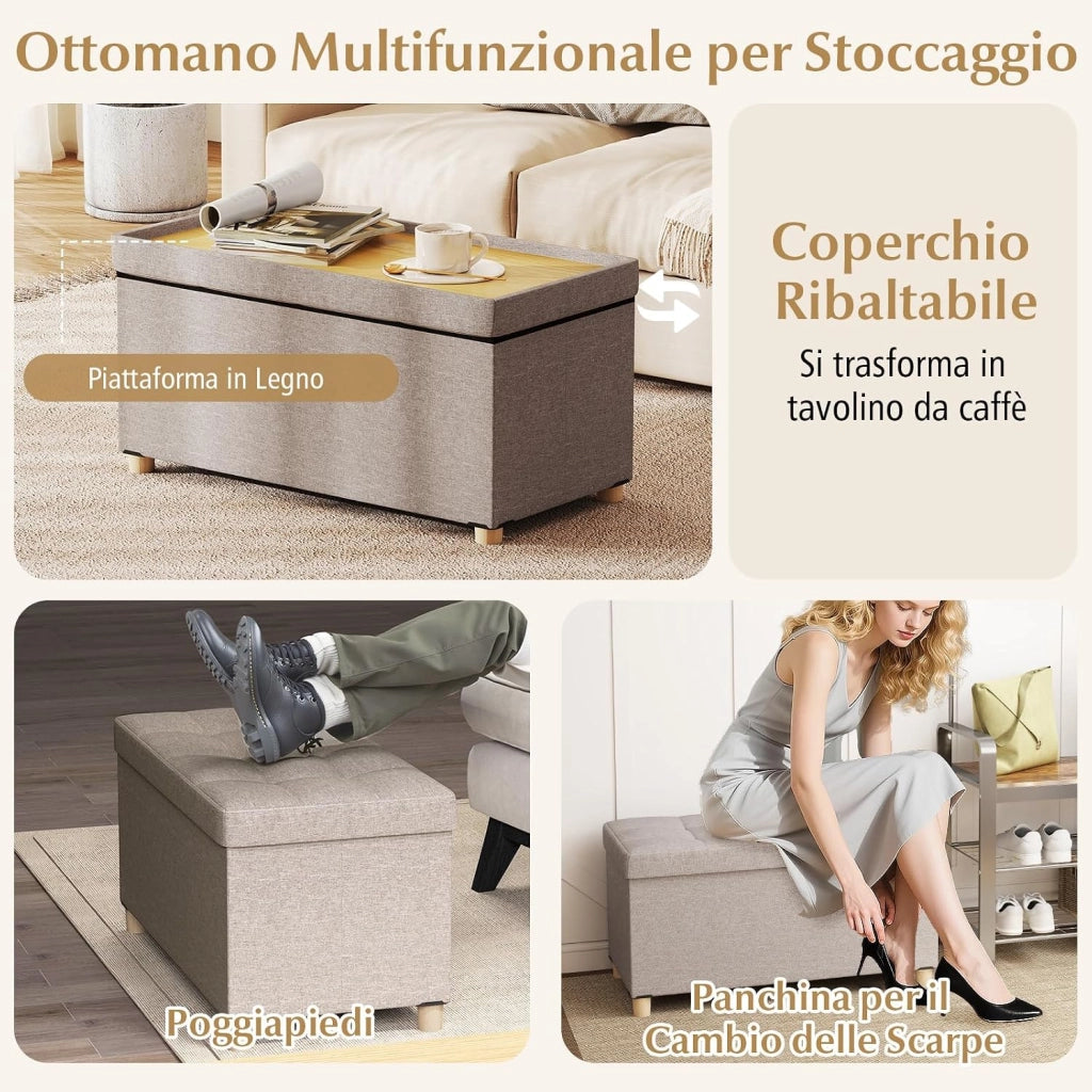 Panca Contenitore da 76 cm, Panca in Tessuto di Lino con Vassoio e Gambe in Legno di Gomma, Cassapanca Imbottita per Spazi Piccoli, Poggiapiedi per Soggiorno, Camera da Letto e Ingresso